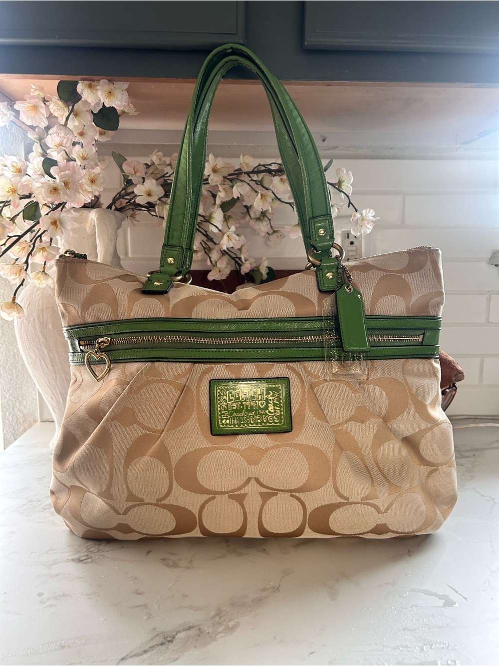 Vintage Coach Poppy Signature Canvas Tote with Green Leather Trim